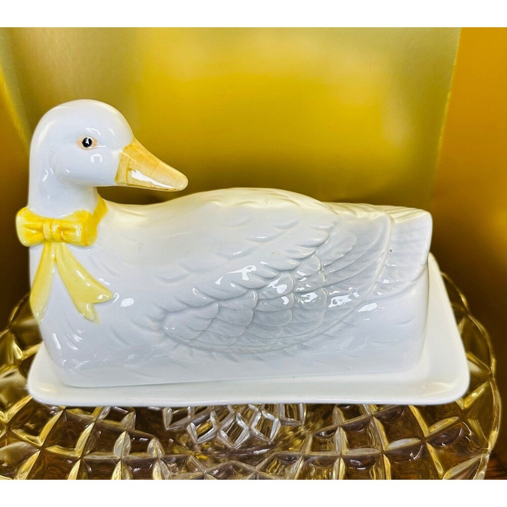 Vintage 1980s Otagiri Japan Ceramic Covered Goose Butter Dish with Yellow Ribbon